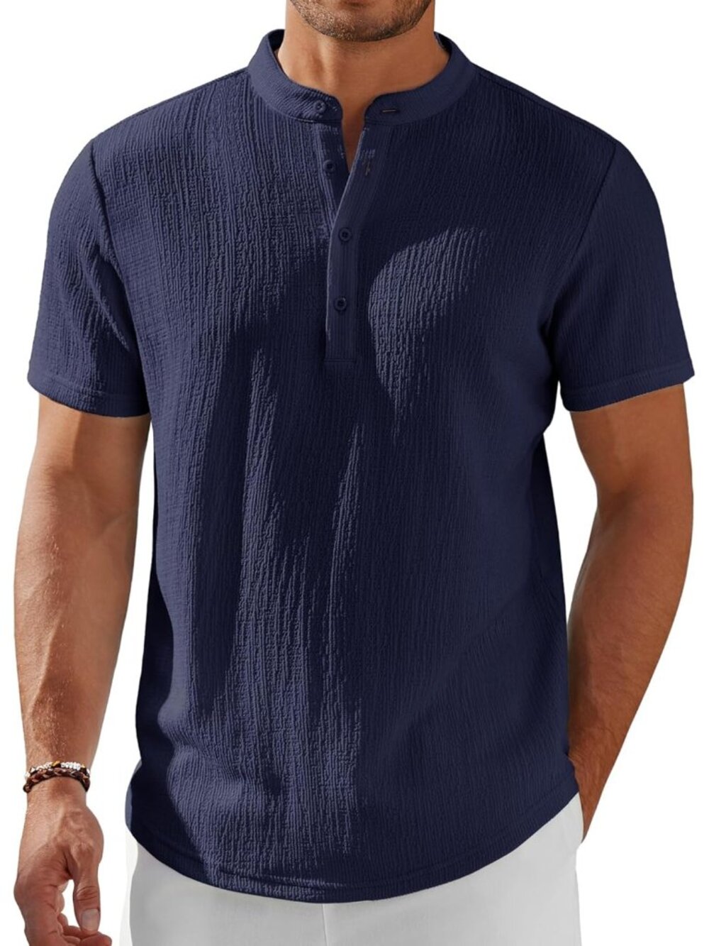 Men's Navy Blue Henley Short Sleeve Stand Collar Summer Casual Hippie Shirts